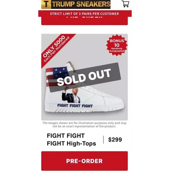 DONALD TRUMP SIZE M10 FIGHT WHITE HIGH‎ TOP SNEAKERS # 2413/5000 LIMITED EDITION